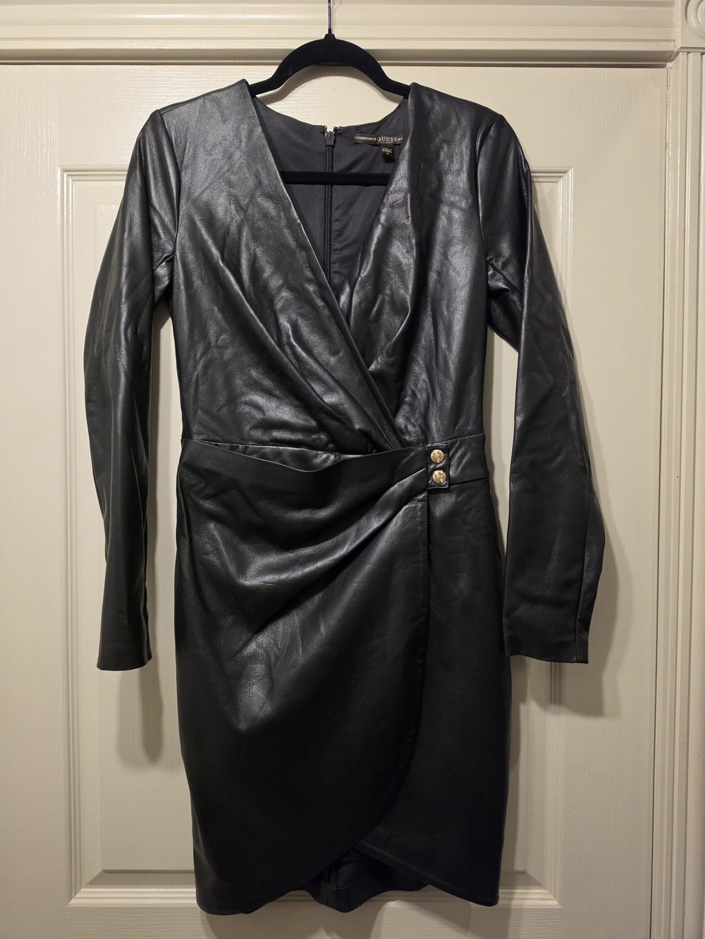 Guess Black Faux Leather Wrap Dress